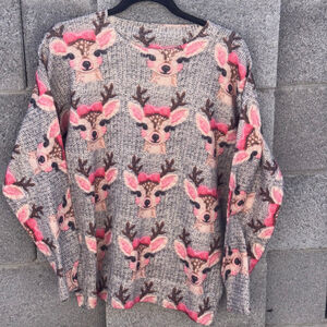 Reindeer Deer Print Crew Neck Sweater Gray Pink Small Med